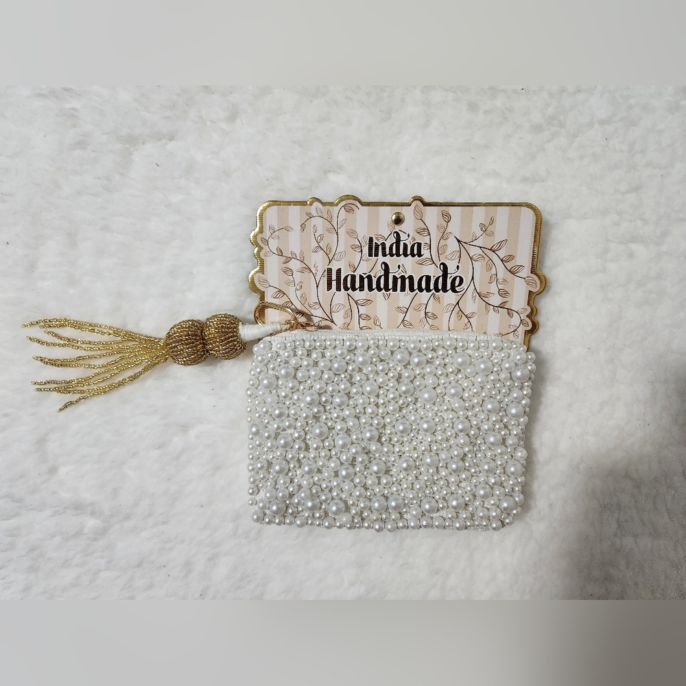 India Handmade Pearl Beaded Clutch with Gold Tassel
